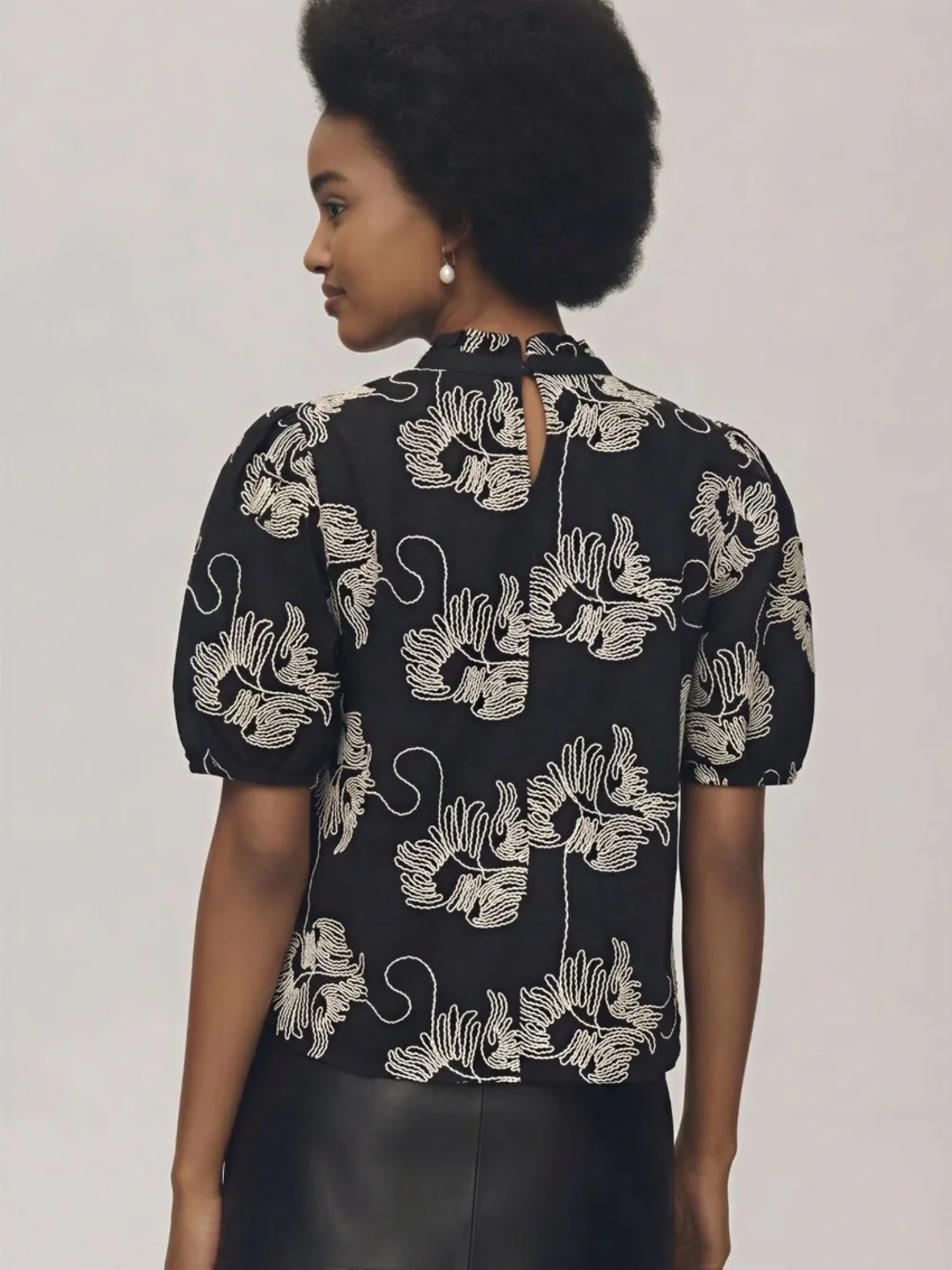 New with tags, Zara Black Floral Puff-Sleeve Blouse with Mock Neck